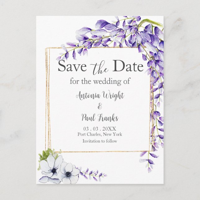 Carte Postale Watercolor Wisteria Blooms Mariage Enregistrer la  (Devant)