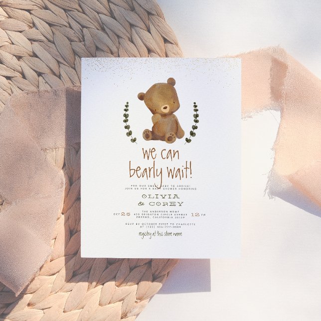 Carte Postale We Can Bearly Wait Bear Wreath & Gold Baby Shower (Créateur téléchargé)