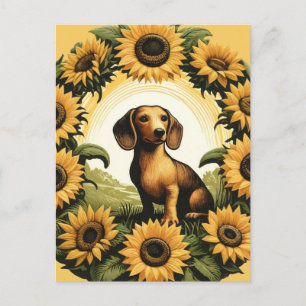 Carte Postale Weiner Dog Dachshund Art Sunflowers