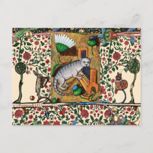 CARTE POSTALE WEIRD MÉDIÉVAL BESTIAIRE MUSIQUE, CAT JOUER ORGE