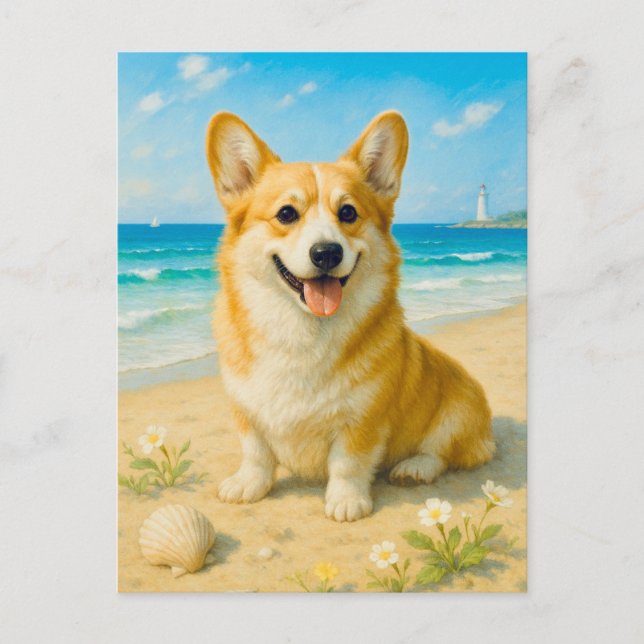 Carte postale Welsh Queen Beach Lighthouse Corgi (Devant)