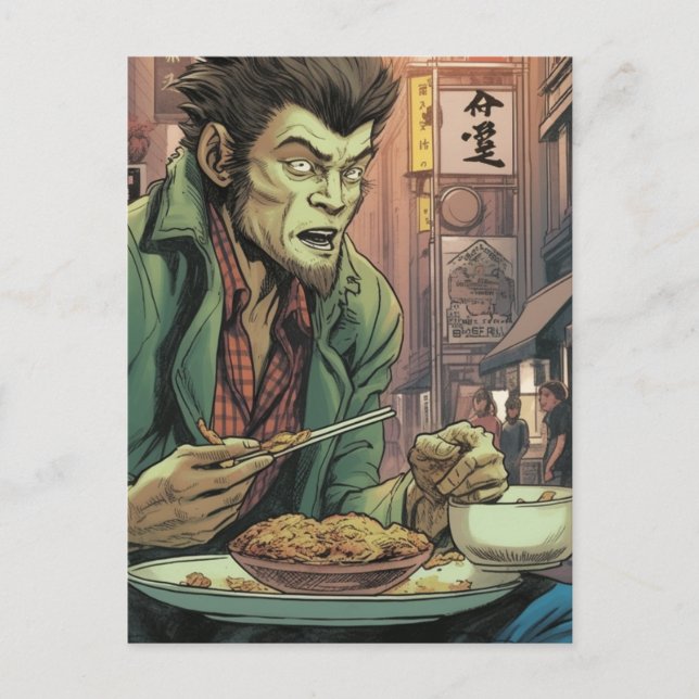 Carte Postale Werewolf Mange de la nourriture chinoise (Devant)