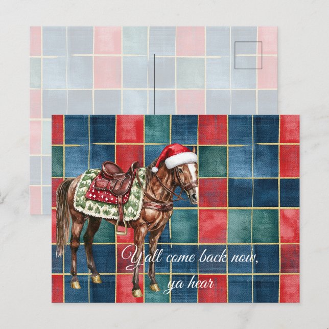 Carte Postale Western Blue Red Horse Joyeux Noël Y'all (Devant / Derrière)