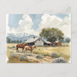 Carte Postale Western Campagne Grange avec chevaux