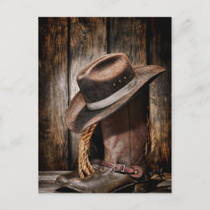 Carte Postale western country brun grange bois cowboy bottes