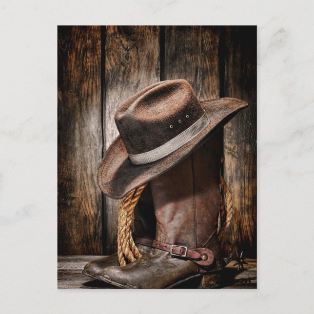 Carte Postale western country brun grange bois cowboy bottes (Devant)