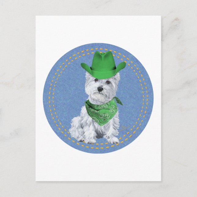 Carte Postale Westie Cowboy sur Denim (Devant)