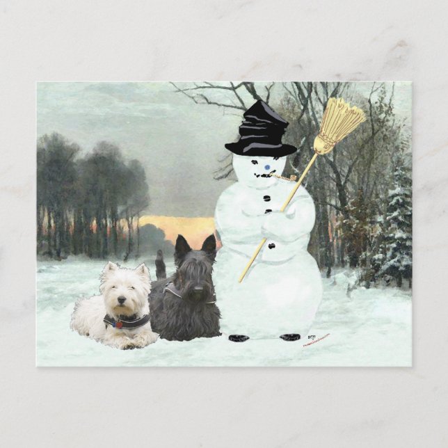 Carte Postale Westie & Scottie Construire un Snowman (Devant)
