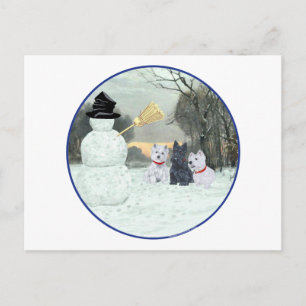 Carte Postale Westies & Scottie avec Bonhomme de neige
