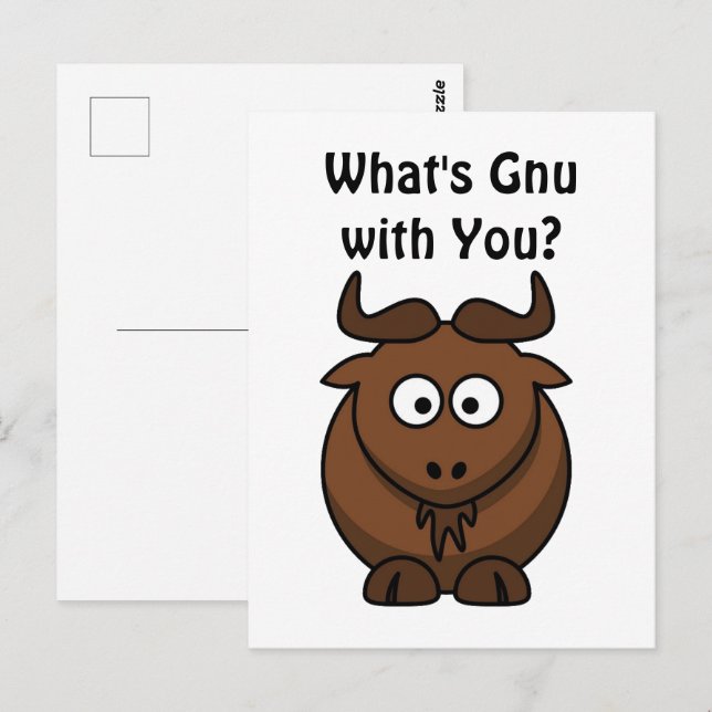 Carte Postale What’s Gnu, Funny Buffalo Cartoon Animal Pun (Devant / Derrière)