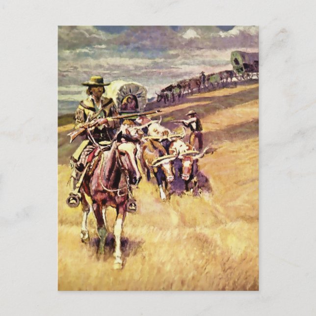 Carte Postale "When Wagon Trains Where Dim" de Charles M Russell (Devant)