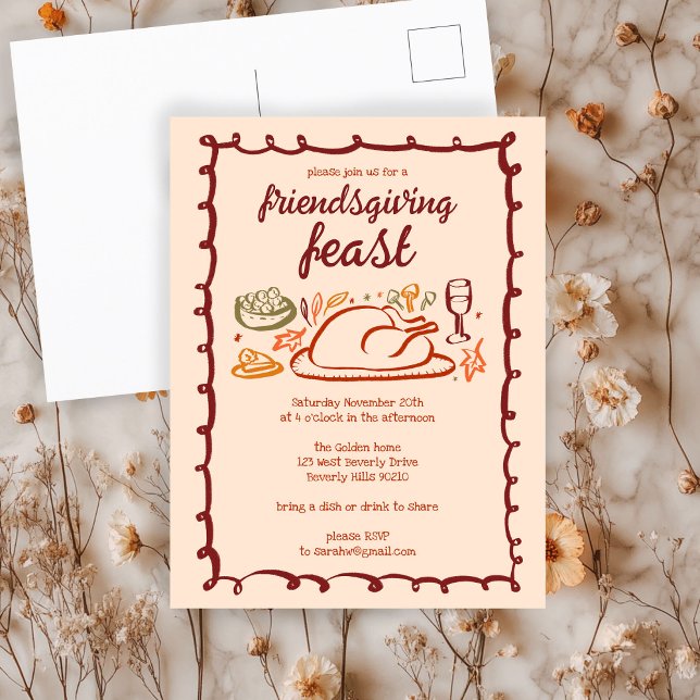 Carte Postale Whimsgiving Friendsgiving Dîner sur mesure (Whimsical Thanksgiving Friendsgiving Dinner Custom Postcard
)