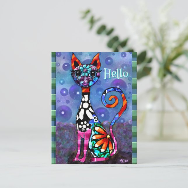 Carte Postale Whimsical Big-Eyed Funky Kitty Cat Personalilzed (Debout devant)