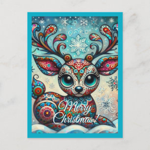 Carte Postale Whimsical Big Eyes Christmas Reindeer Folk Art
