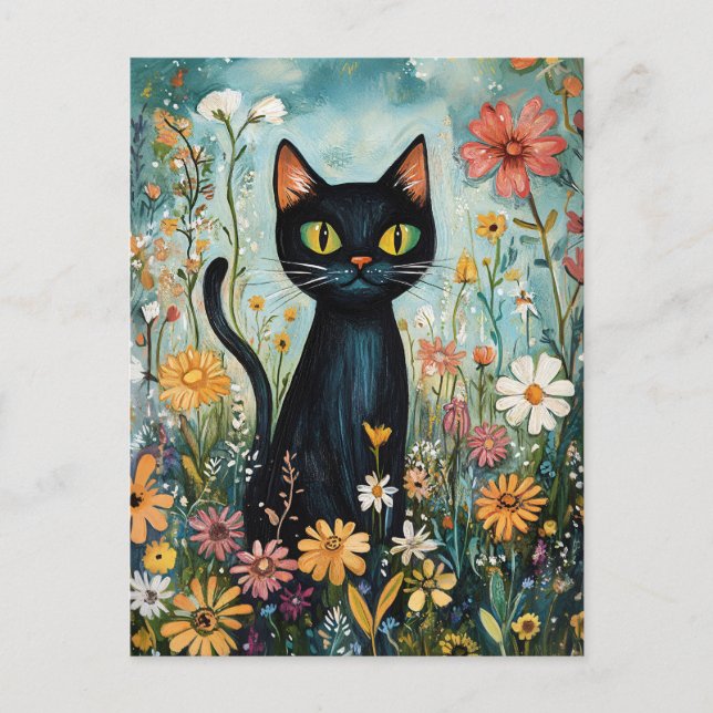 Carte Postale Whimsical Black Cat avec illustration Fleur sauvag (Devant)