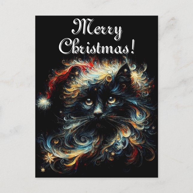 Carte Postale Whimsical Black Cat Père Noël Casquette de Noël sa (Devant)