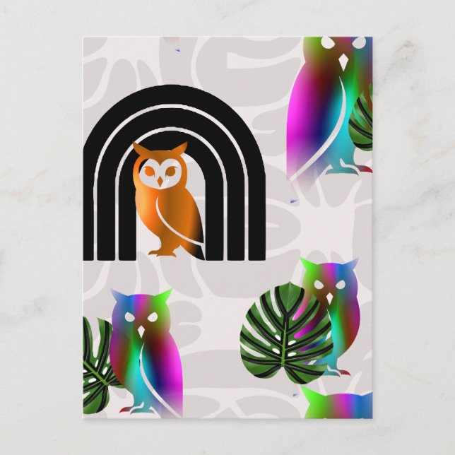 Carte Postale Whimsical Boho Owl & Tropical Monstera Leaf (Devant)