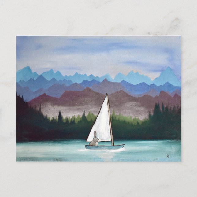Carte Postale Whimsical Bunny Boat Mountains Woodland Artwork (Devant)