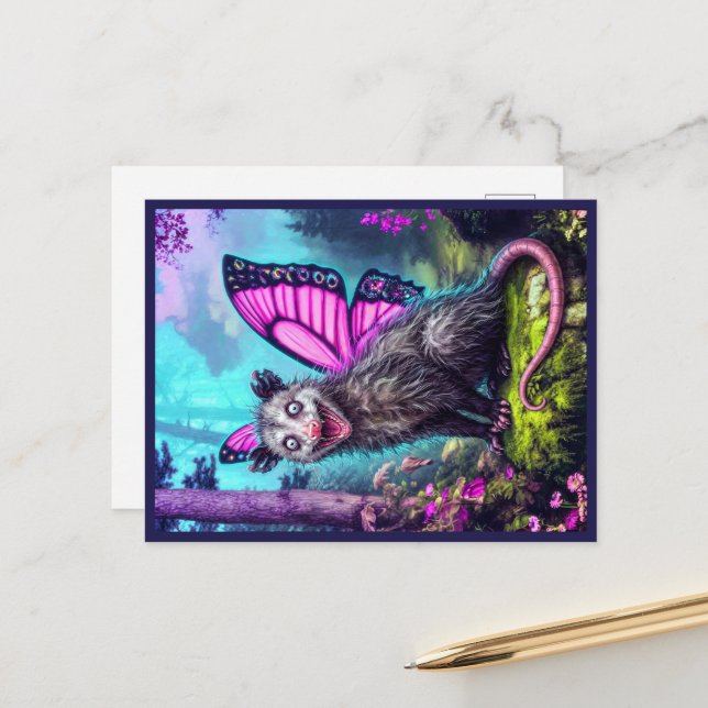 Carte Postale Whimsical Butterfly Wing Opossum Fantasy Postcard (Devant/Arrière en situation)