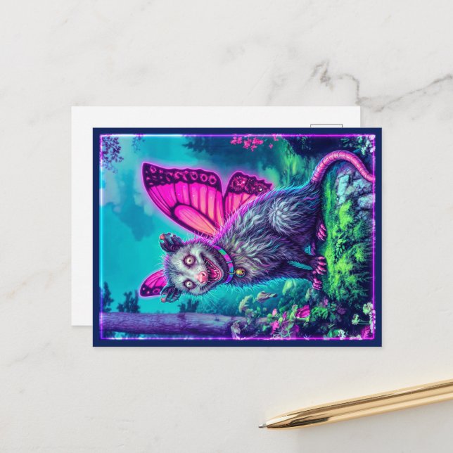 Carte Postale Whimsical Butterfly Wing Opossum Fantasy Postcard (Devant/Arrière en situation)