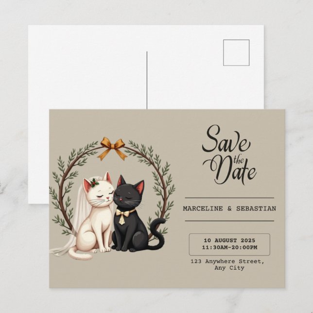 Carte Postale Whimsical Cat Wedding Save the Date  (Devant / Derrière)