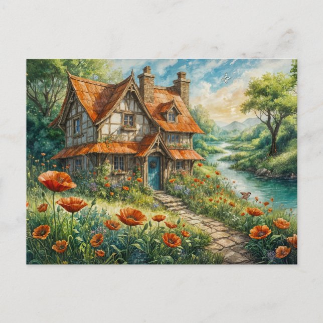Carte Postale Whimsical cottage with Poppy Flowers (Devant)