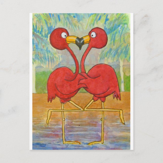 Carte Postale Whimsical Couple Rose Flamant rose Tropical Beach  (Devant)