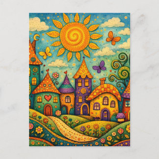 Carte Postale Whimsical Fairy Tale Village Colorful Canvas Art