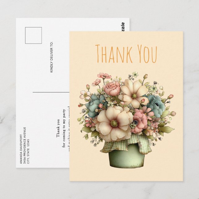 Carte Postale Whimsical Flowers in a Planter Pot Cute Thank You (Devant / Derrière)