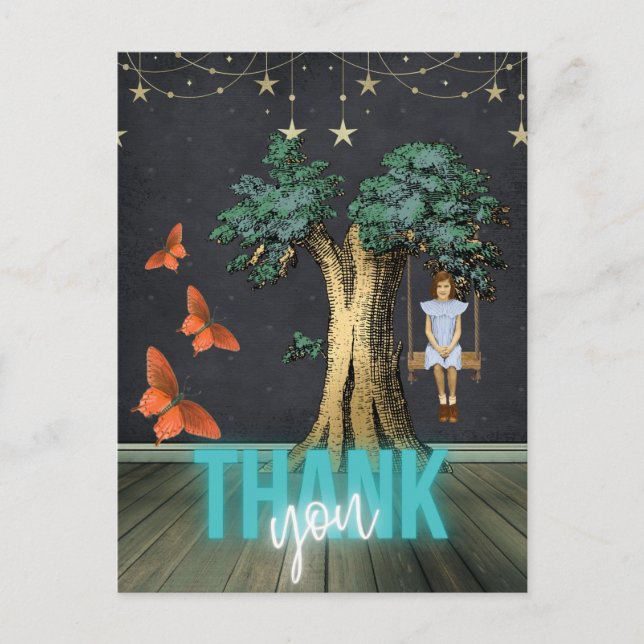 Carte Postale Whimsical Girl in Swing Surreal Merci (Devant)