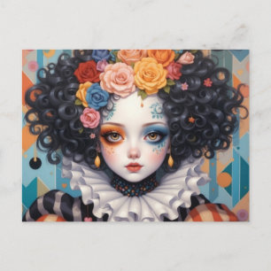 Carte Postale Whimsical jolie fille clown avec des fleurs coloré