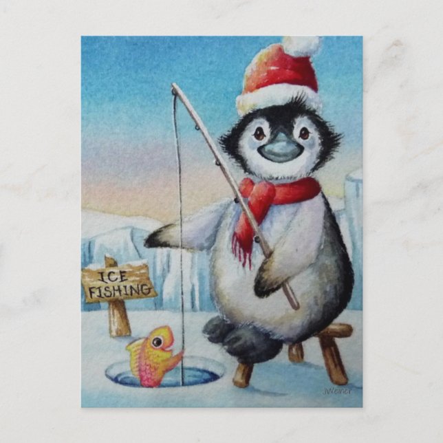 Carte Postale Whimsical Penguin Ice Fishing Watercolor Art (Devant)