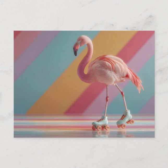 Carte Postale Whimsical Pink Flamingo on Roller Skates (Devant)
