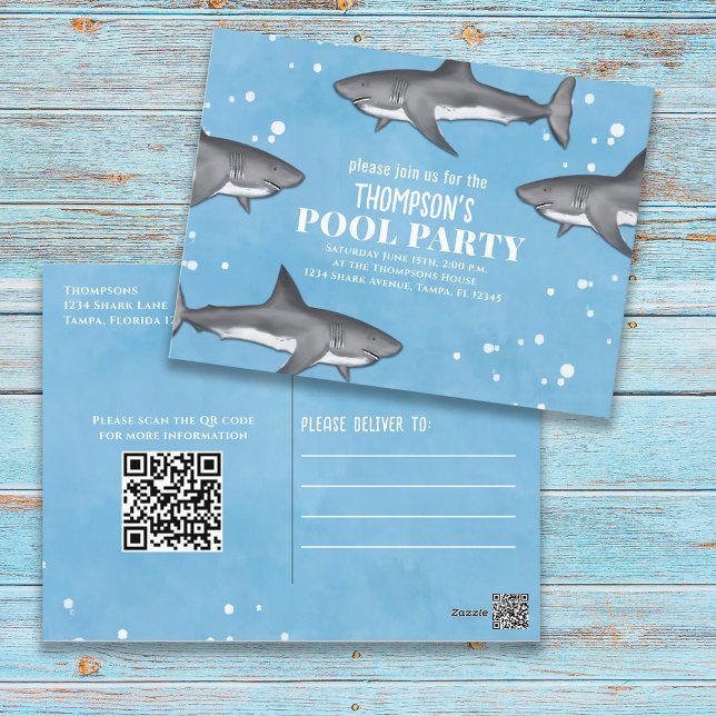 Carte Postale Whimsical Pool Party Sharks QR Code site Web (Créateur téléchargé)