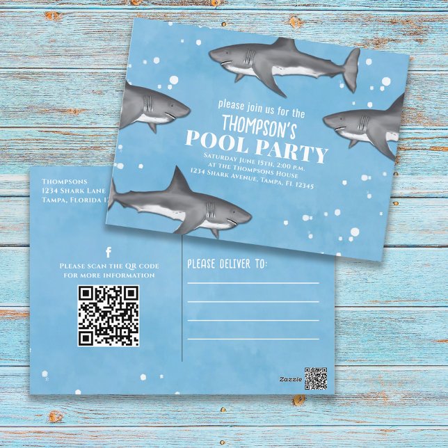 Carte Postale Whimsical Pool Party Sharks QR Code Social Media (Créateur téléchargé)