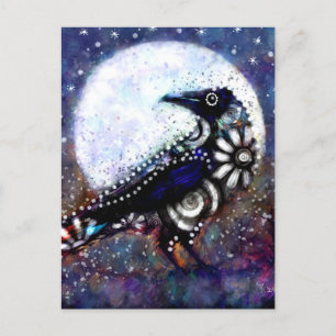 Carte Postale Whimsical Raven Lune Floral Noir Blanc Bleu
