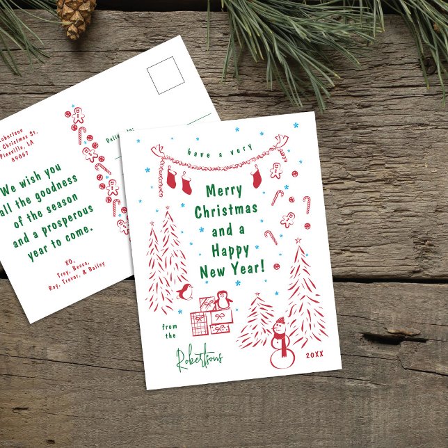 Carte postale Whimsical Red & Green Christmas Scen (Créateur téléchargé)