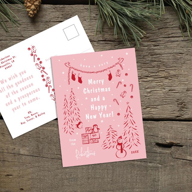 Carte postale Whimsical Red & Pink Christmas Scene (Créateur téléchargé)