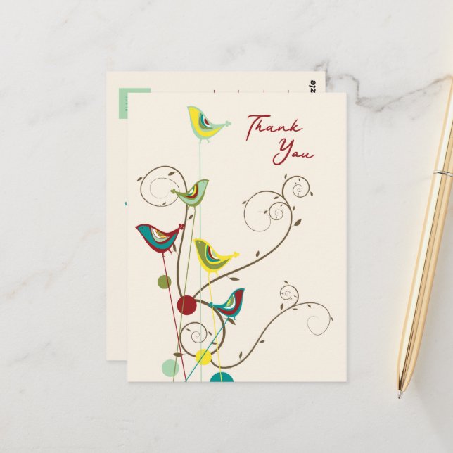 Carte Postale Whimsical Summer Bird and Swirls Modern Merci (Devant/Arrière en situation)