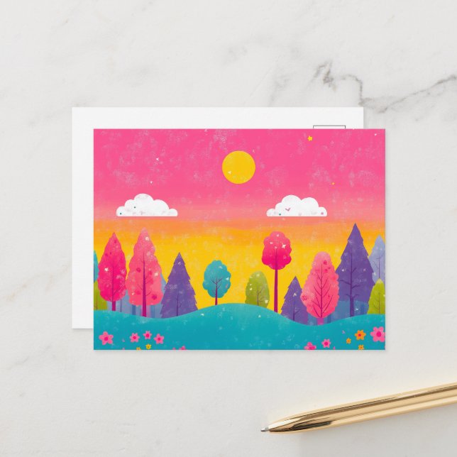Carte postale Whimsical Sunset Forest (Devant/Arrière en situation)