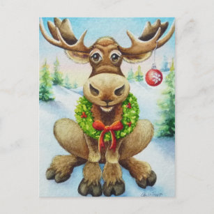 Carte Postale Whimsical Winter Christmas Moose Watercolor Art