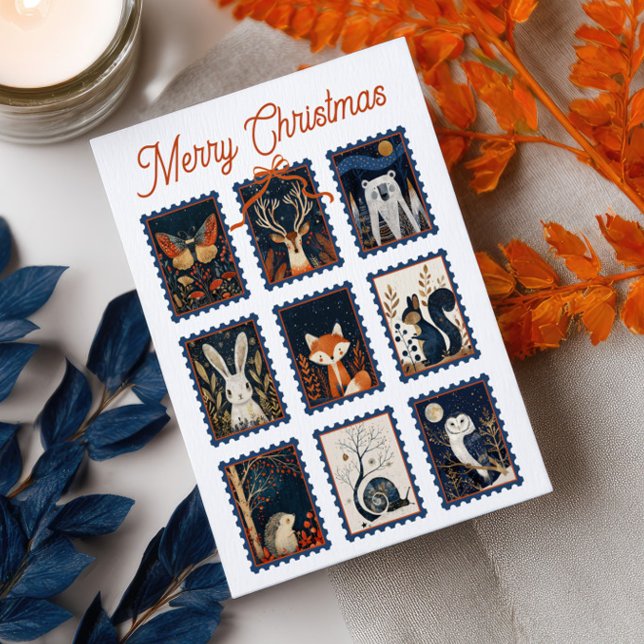 Carte Postale Whimsical Woodland Animal Stamps Merry Christmas  (Créateur téléchargé)