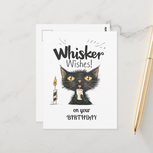 Carte Postale Whisker Chat Noir souhaite à votre anniversaire (Devant/Arrière en situation)