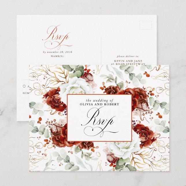 Carte Postale White and Burgundy Red Wedding RSVP Postcard (Devant / Derrière)