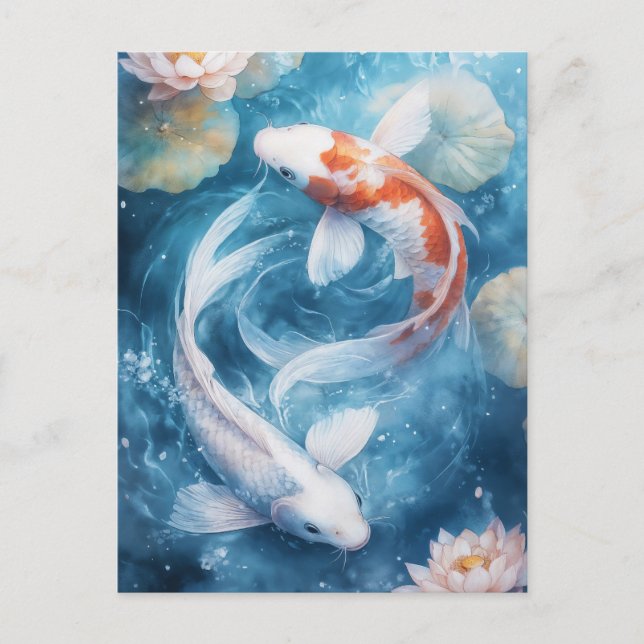 Carte Postale White and Orange Koi Fish Swirling in Lotus Pond (Devant)
