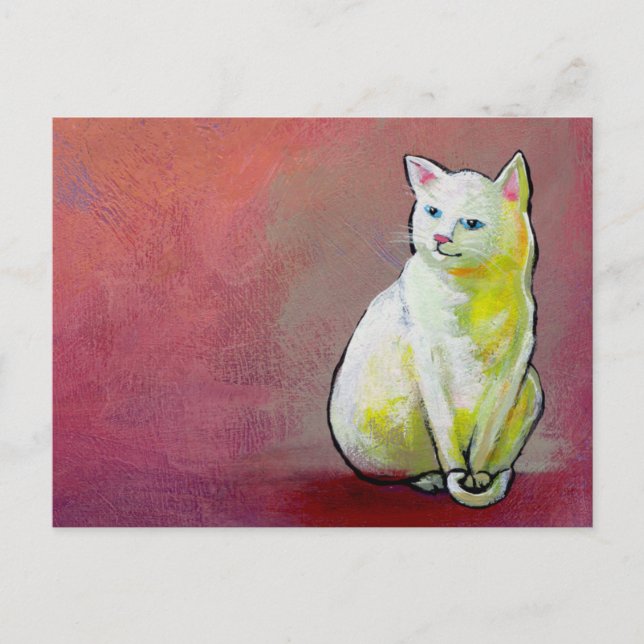 Carte Postale White cat art amusant peinture Whitey assise jolie (Devant)