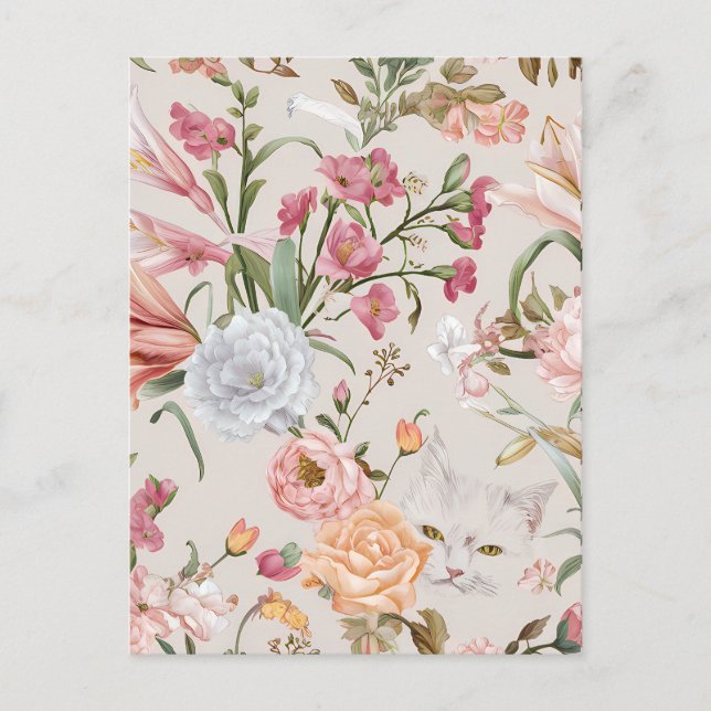 Carte Postale White Cats Pink Roses Floral Flat Thank You Card (Devant)