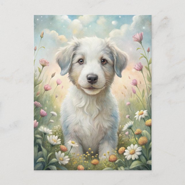 Carte Postale White Puppy Pastel Wildflowers Daisies Sunshine (Devant)