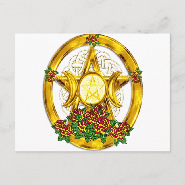 Carte Postale Wiccan Pagan Pentacle Gold avec Roses (Devant)
