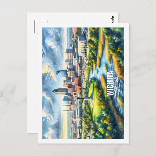 Carte Postale Wichita Kansas USA Fameux Travel Place aquarelle (Devant / Derrière)